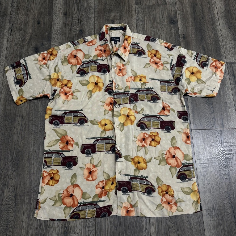 Marc Edwards Shirt Mens Large Floral Woody Wagon Hawaiian Button Front Surf